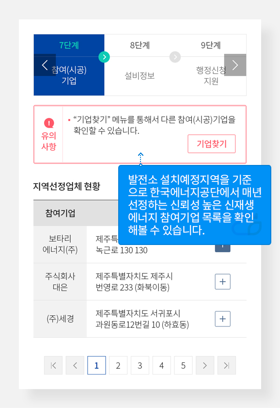 7단계 참여 시공기업
발전소 설치예정지역을 기준으로 한국에너지공단 매년 선정하는 신뢰성 높은 신재생에너지 참여기업 목록을 확인해볼 수 있습니다.